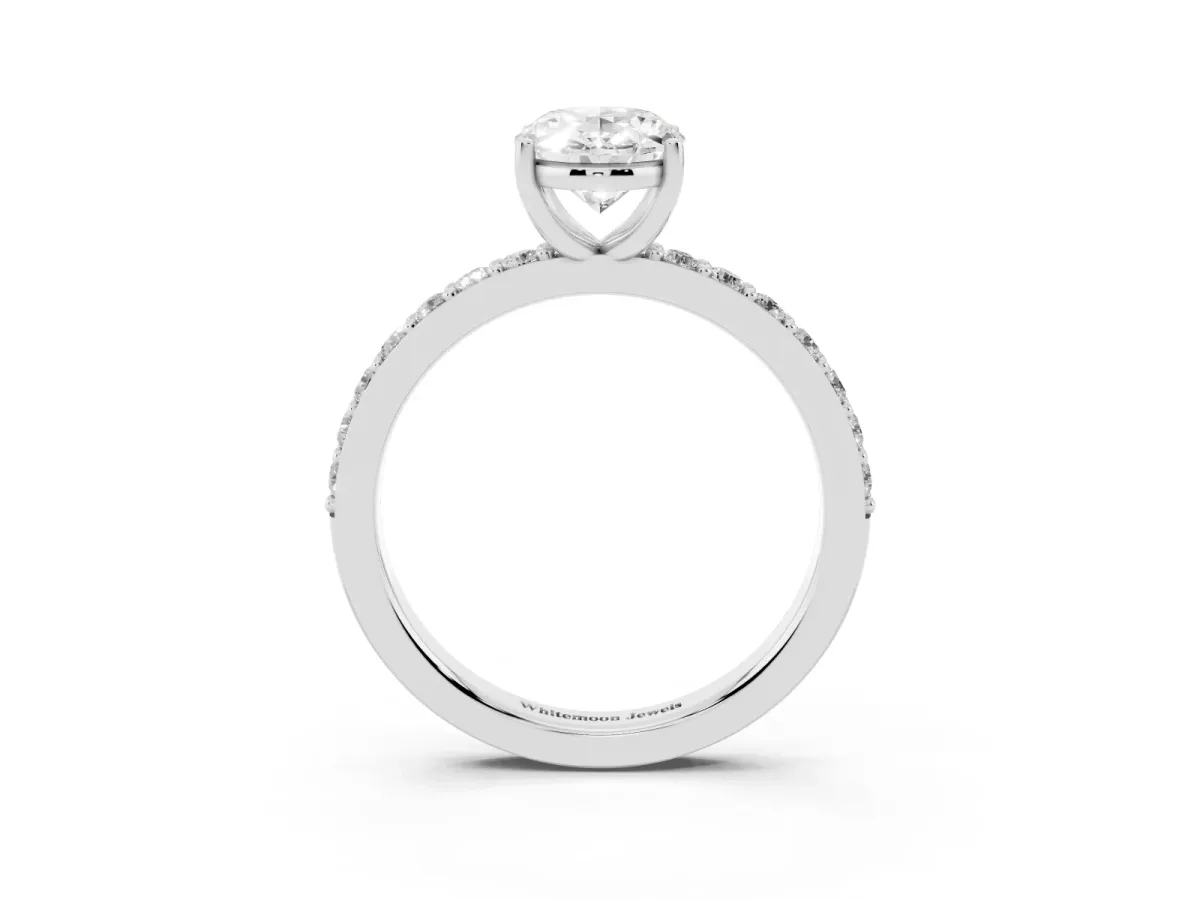Oval Cut Cut Diamond Solitaire with Pave Band and Four-Prong Setting Silver
