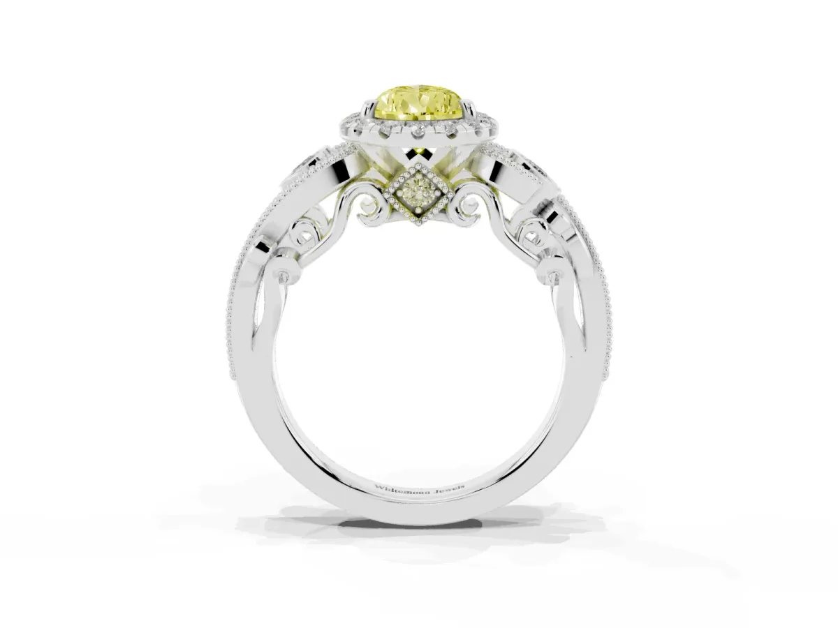 Fancy Yellow Pear Cut Halo Diamond Ring with Milgrain and Bezel Accents on a Split Shank Band White gold