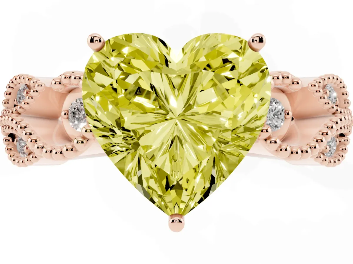 Fancy Yellow Heart Cut Solitaire Milgrain Leaf Band with Prong Setting Rose gold