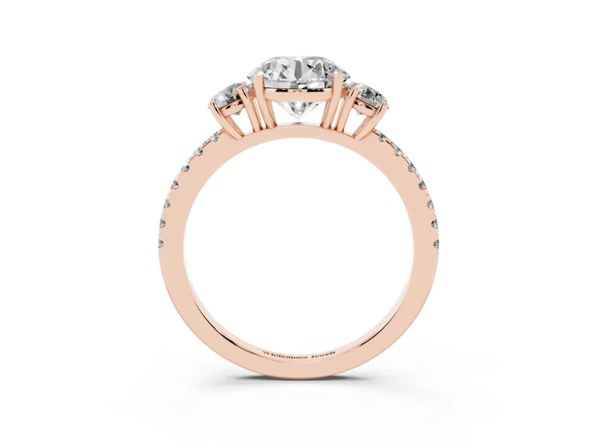 Three-Stone Round Cut Cut Diamond Pavé Band with Prong Setting Rose gold