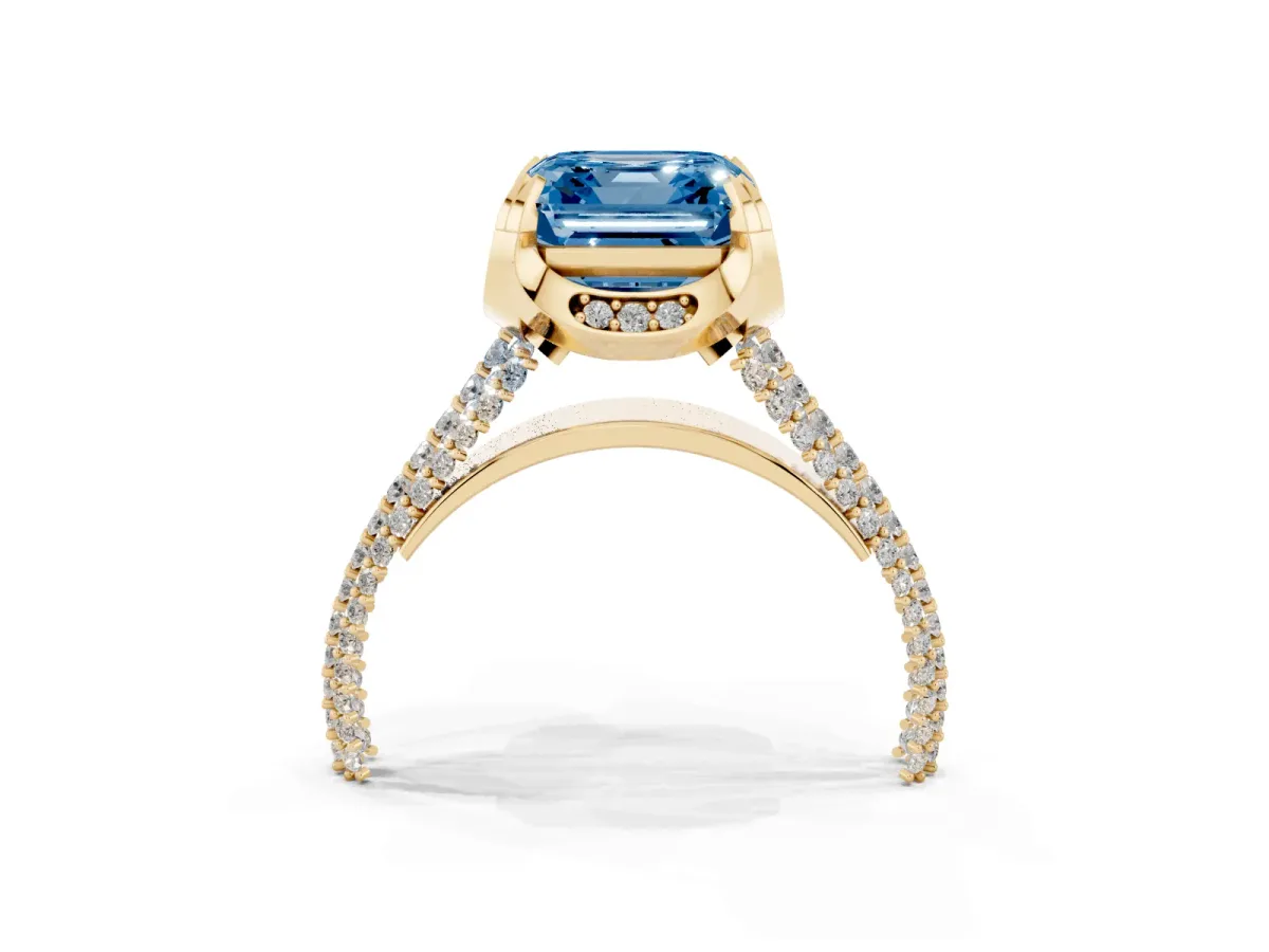 Fancy Blue Asscher Cut Solitaire Pave Split Shank Ring with Four-Prong Setting Yellow gold