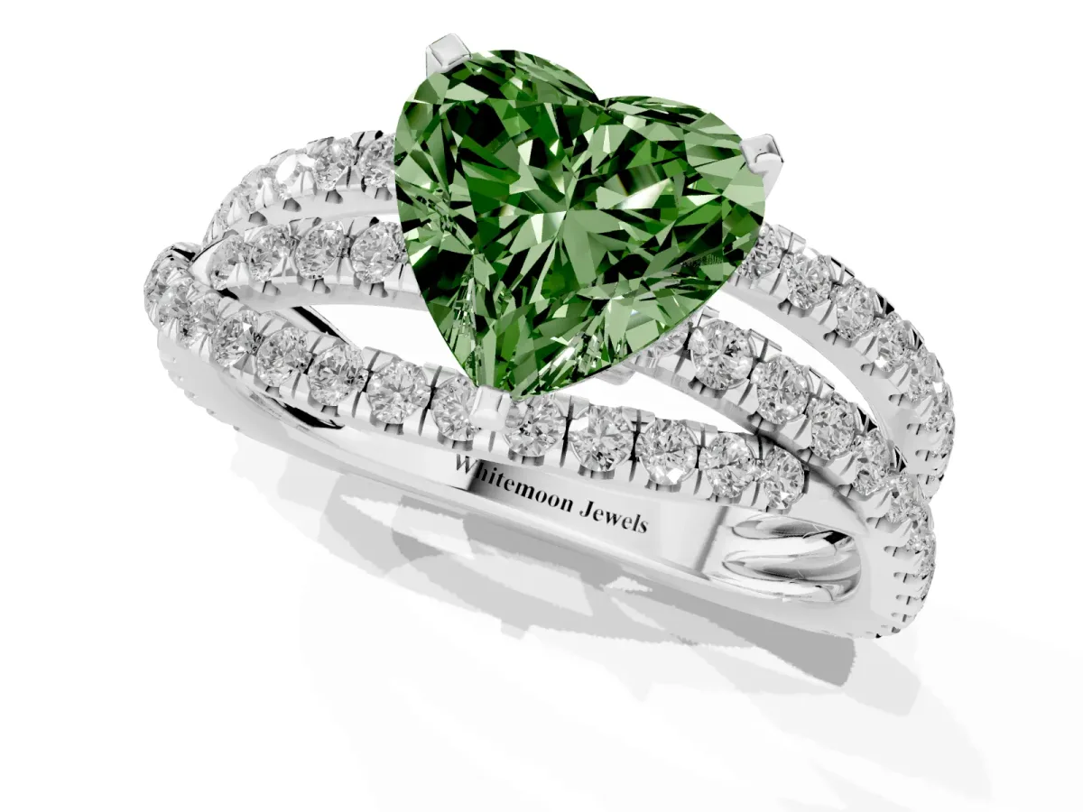 Fancy Green Heart Cut Solitaire Twist Band with Pavé Setting and Four-Prong Setting Silver