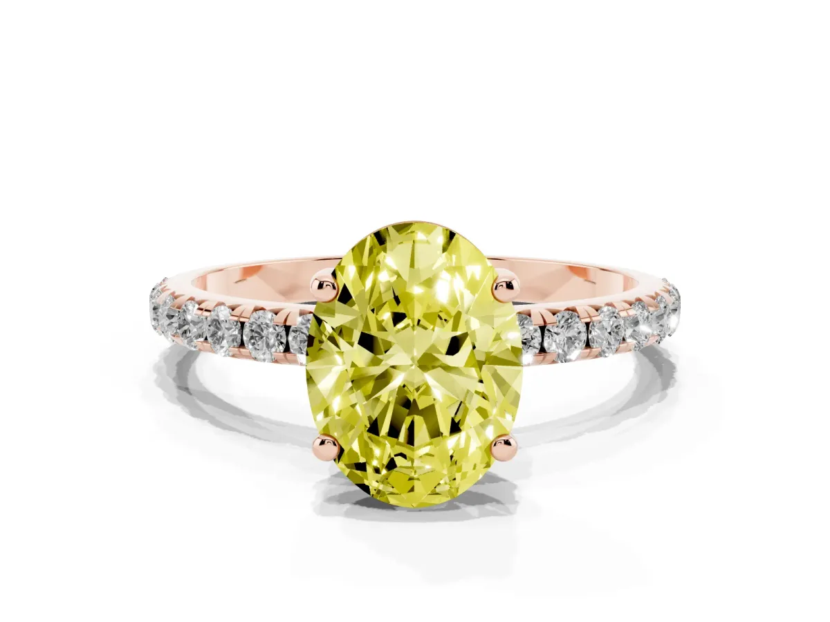 Fancy Yellow Oval Cut Cut Diamond Solitaire Ring with Micro Pave Band and Four Prong Setting Rose gold