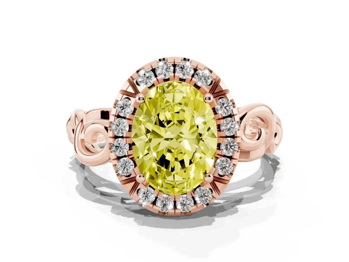 Fancy Yellow Oval Cut Cut Halo Diamond Ring with Scrollwork Band and Four-Prong Setting Rose gold