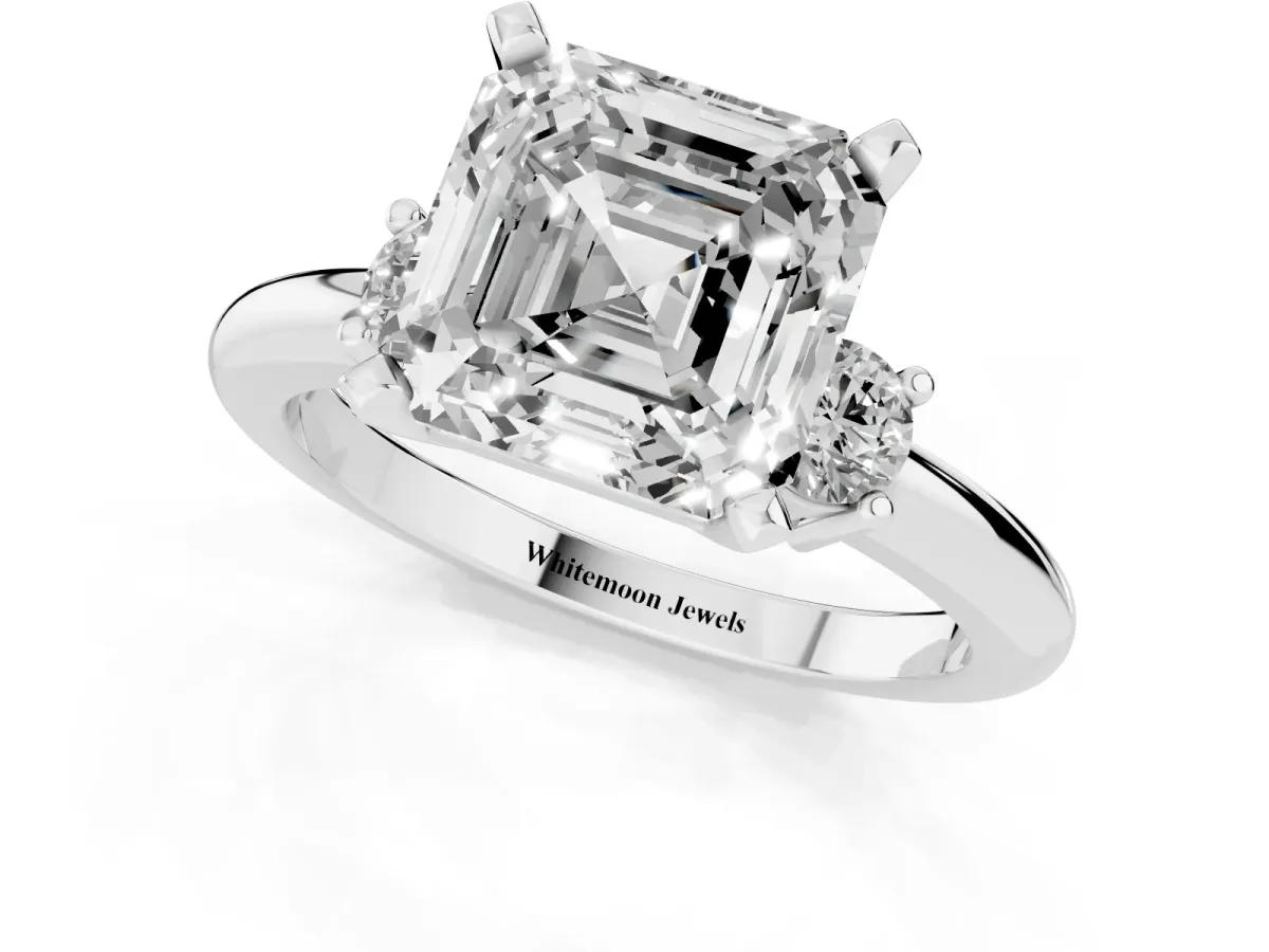 Three-Stone Asscher Cut Cut Diamond Solitaire with Prong Setting and Classic Band Platinum