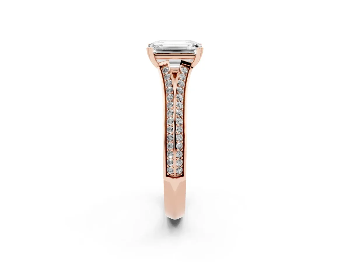 Emerald Cut Diamond Split Shank Engagement Ring with Pavé Band Rose gold