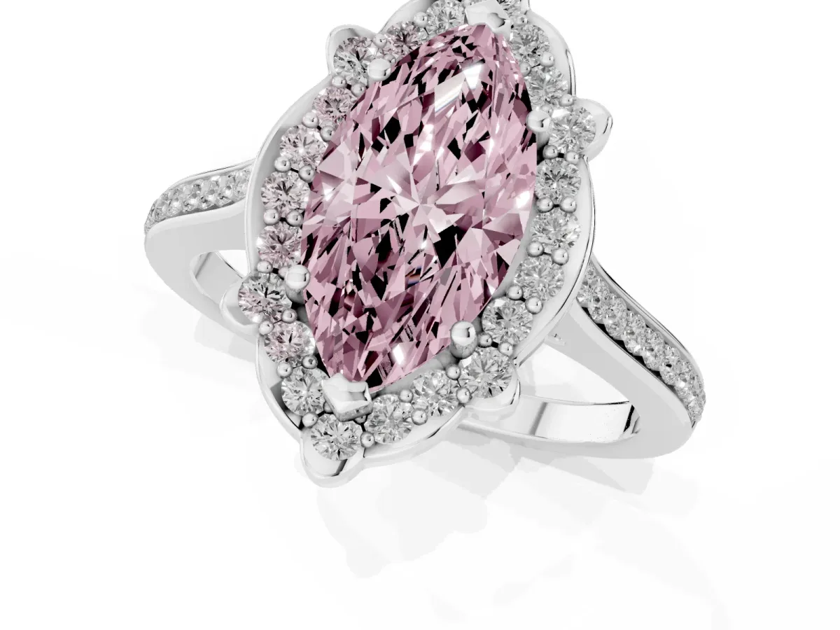Fancy Pink Marquise Cut Halo Round Diamond Pave Band with Four-Prong Setting White gold