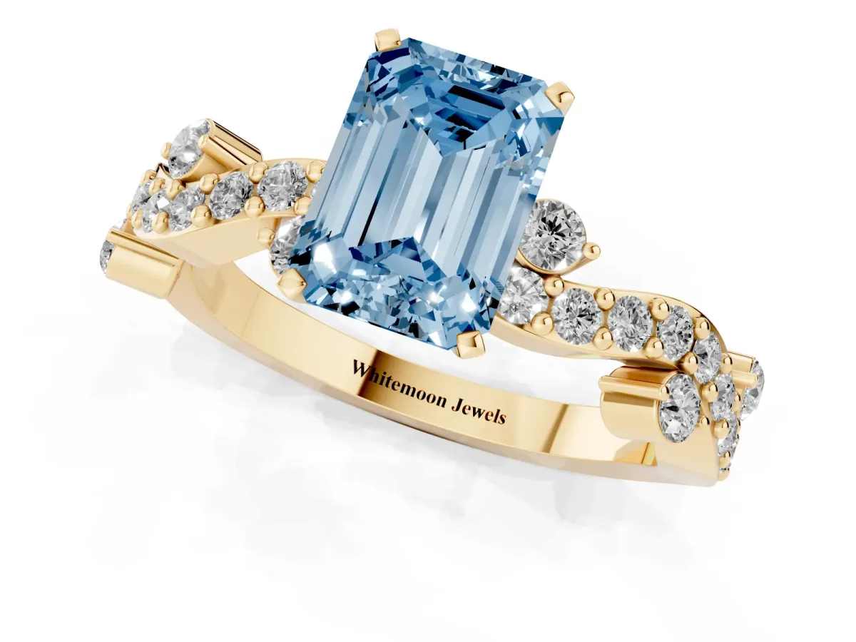 Fancy Blue Emerald Cut Cut Solitaire Diamond Twisted Band with Pave Setting Yellow gold
