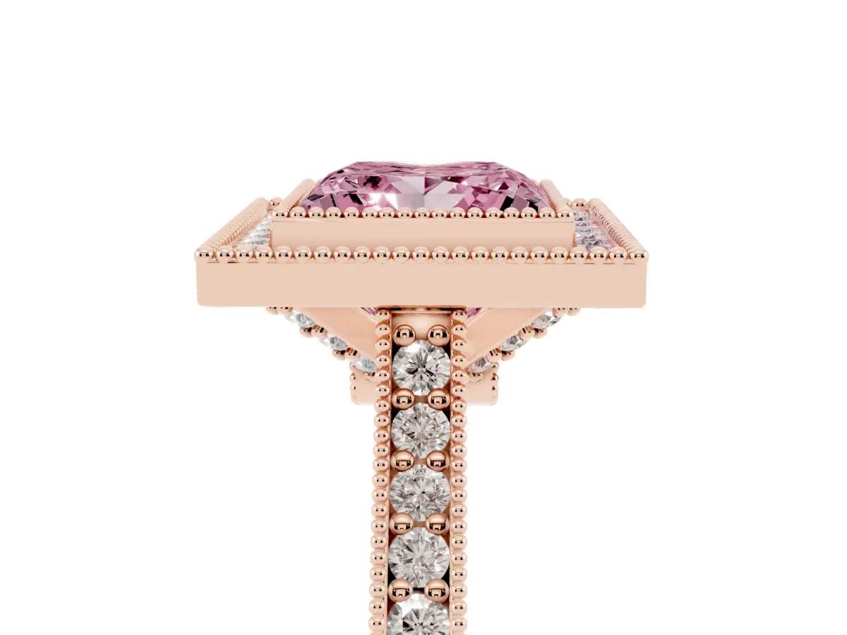 Fancy Pink Halo Princess Cut-Cut Diamond Pave Band Milgrain Prong Setting Ring Rose gold