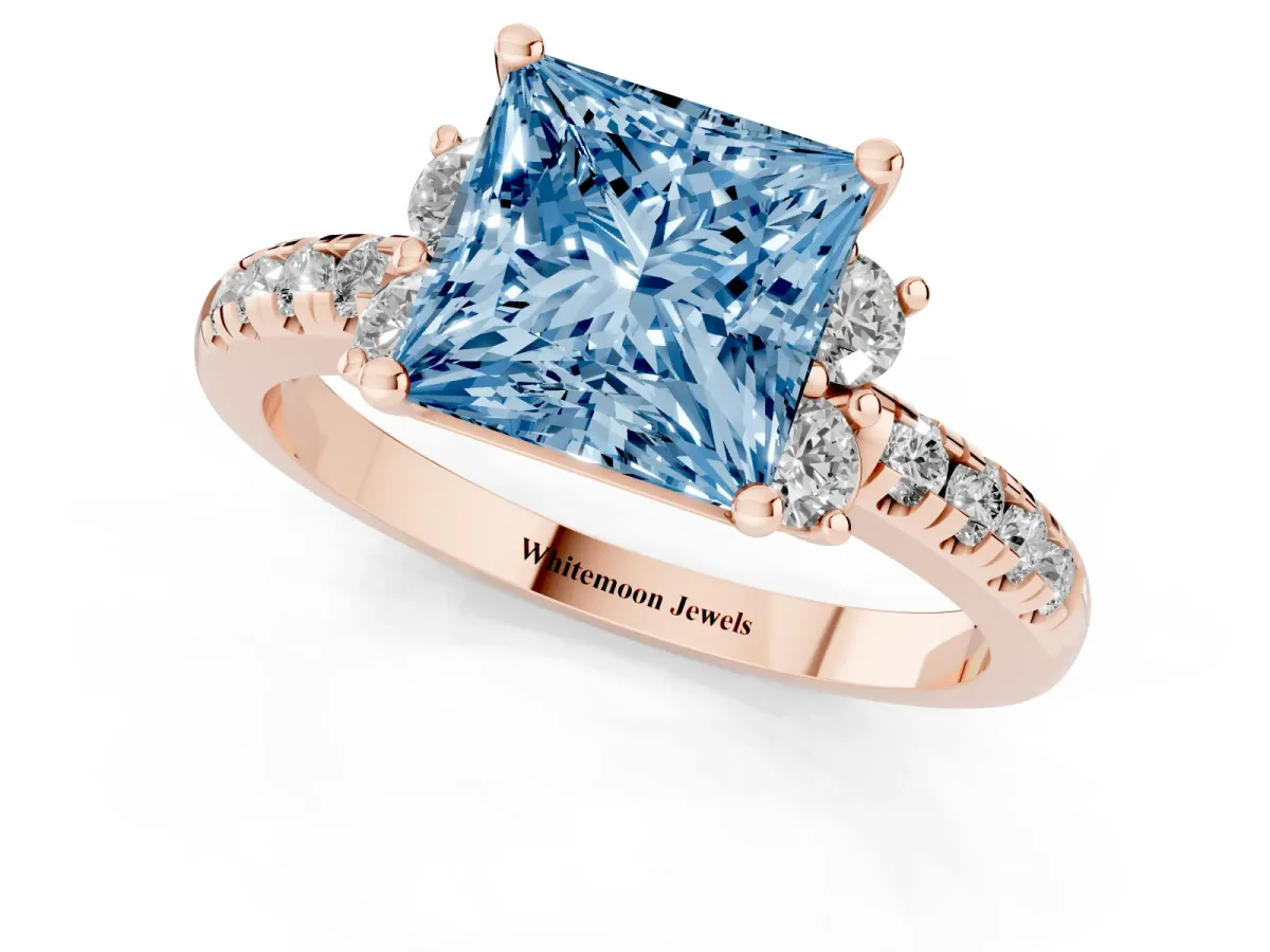 Fancy Blue Princess Cut Diamond Three-Stone Pave Band with Four-Prong Setting Rose gold