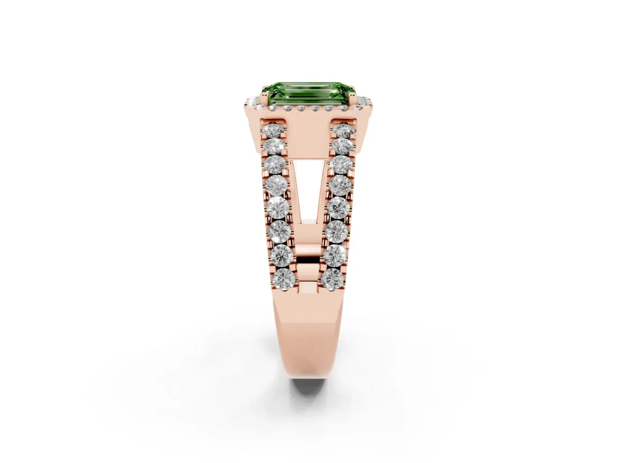 Fancy Green Emerald Cut Cut Halo Split Shank Diamond Ring with Four-Prong Setting Rose gold