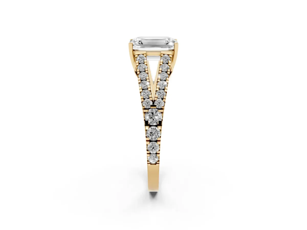 Emerald Cut Diamond Split Shank Pavé Engagement Ring with Four-Prong Setting Yellow gold