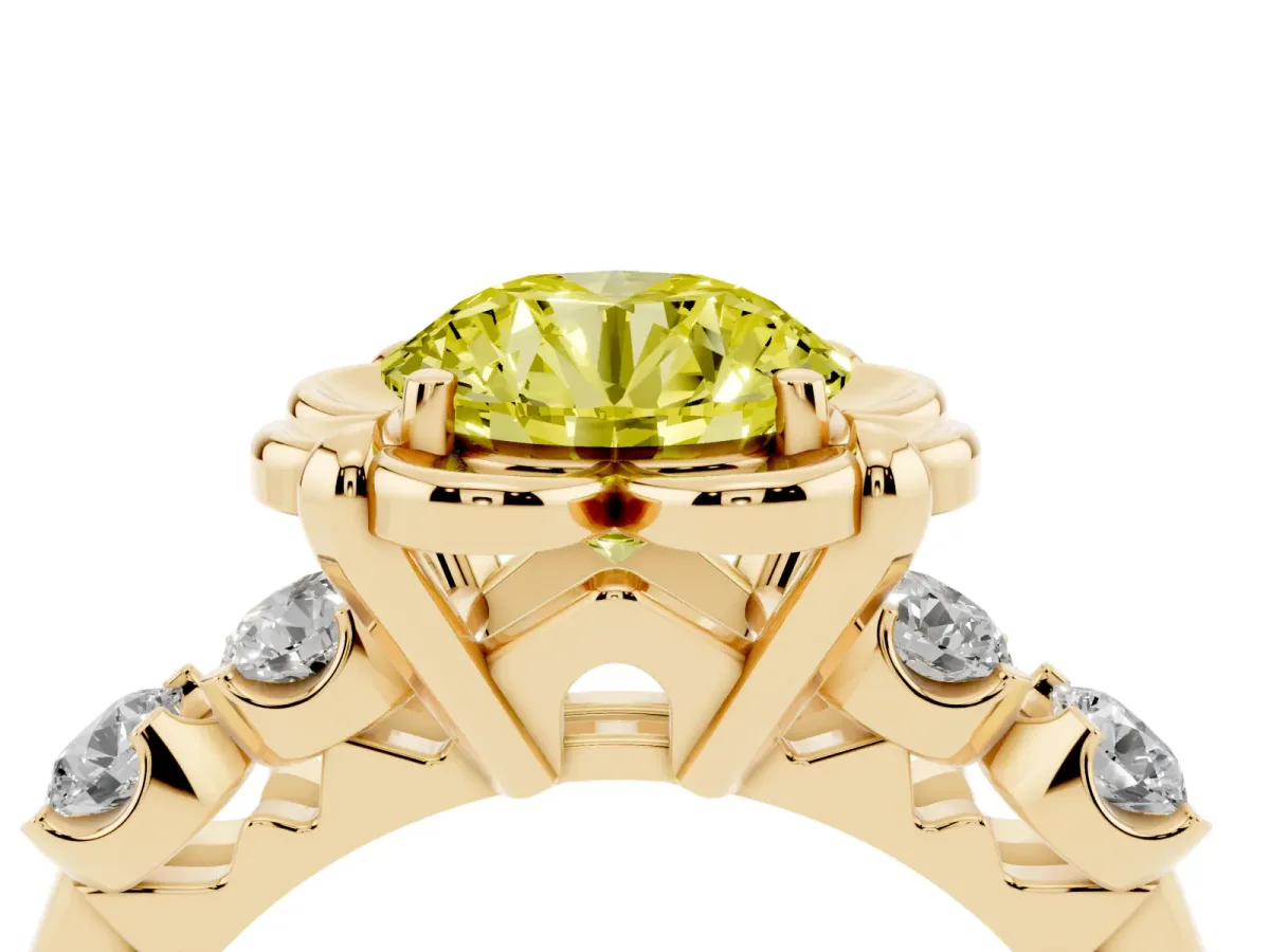 Fancy Yellow Round Cut Cut Diamond Floral Halo Engagement Ring with Shared Prong Setting Yellow gold