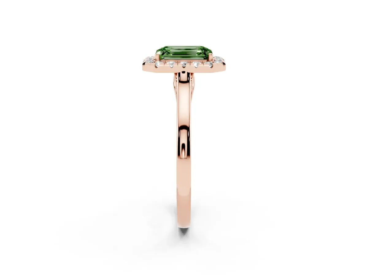 Fancy Green Emerald Cut Halo Round Diamond Solitaire Ring with Pavé Band and Four-Prong Setting Rose gold