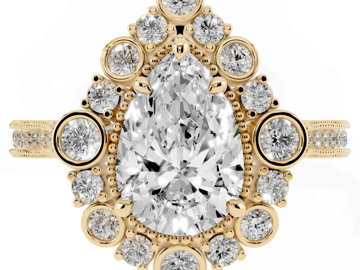 Pear Cut Halo Milgrain Pave Diamond Ring with Four-Prong Setting Yellow gold