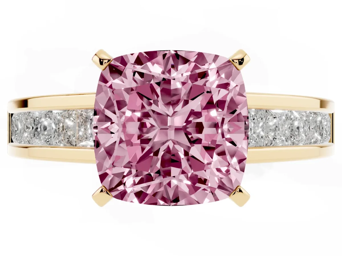Fancy Pink Cushion Cut Solitaire Diamond Ring with Channel-Set Band and Four-Prong Setting Yellow gold