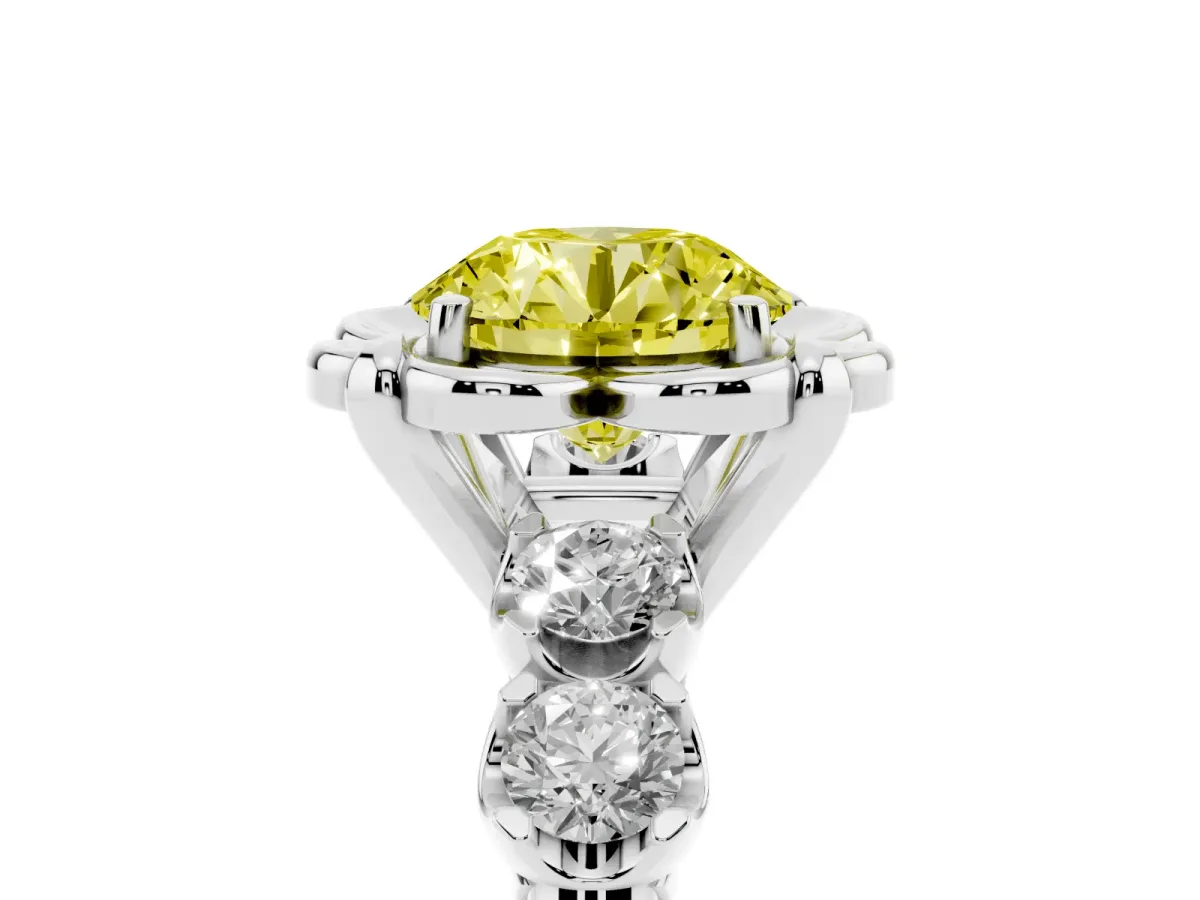 Fancy Yellow Round Cut Cut Diamond Floral Halo Engagement Ring with Shared Prong Setting Silver