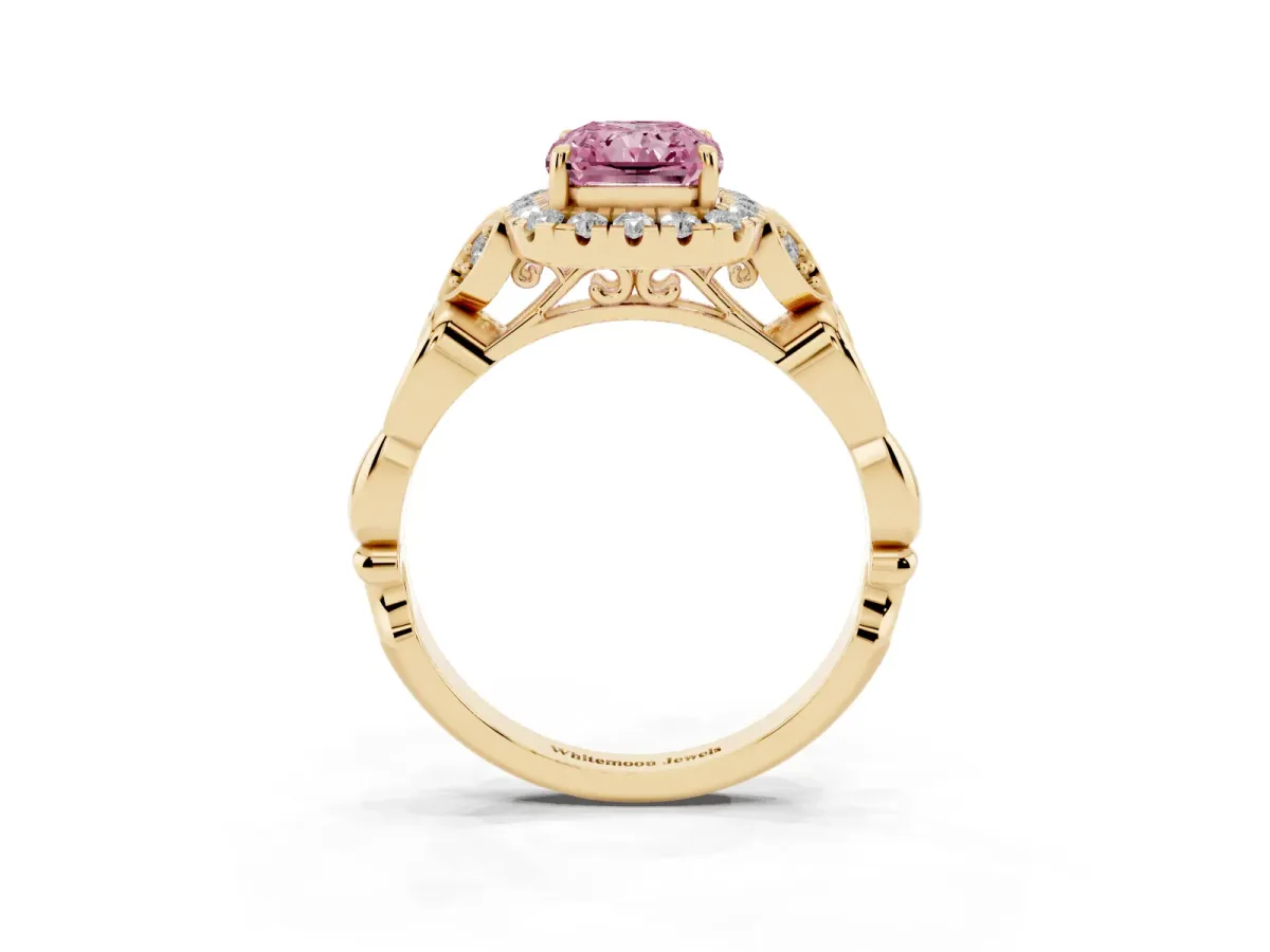 Fancy Pink Radiant Cut Halo Diamond Engagement Ring with Vintage-Inspired Band and Four-Prong Setting Yellow gold