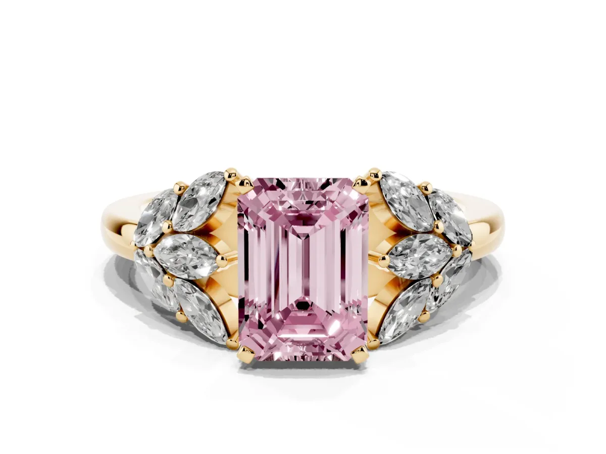 Fancy Pink Emerald Cut Diamond Cluster Leaf Design Ring with Prong Setting Yellow gold