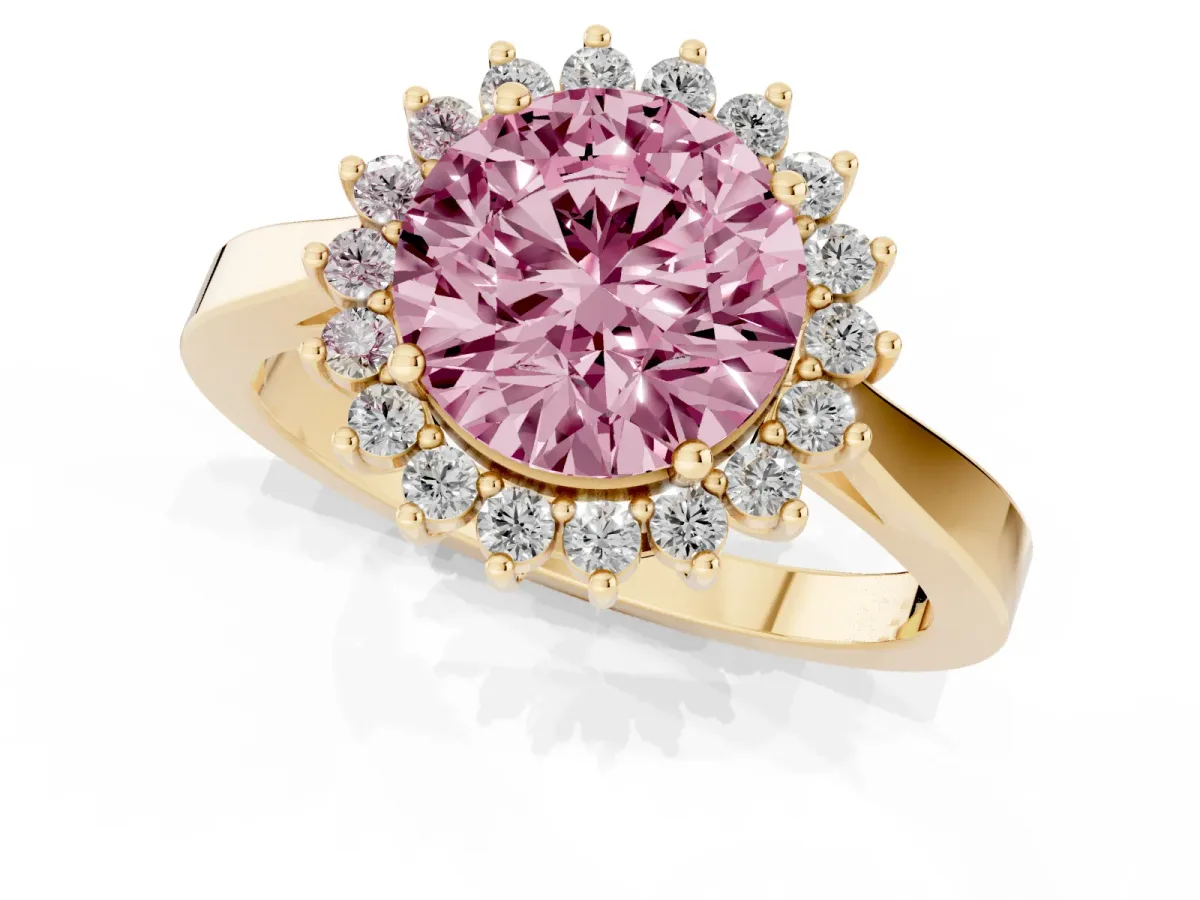 Fancy Pink Round Cut Cut Diamond Halo Ring with Round Brilliant Halo and Solitaire Band Yellow gold
