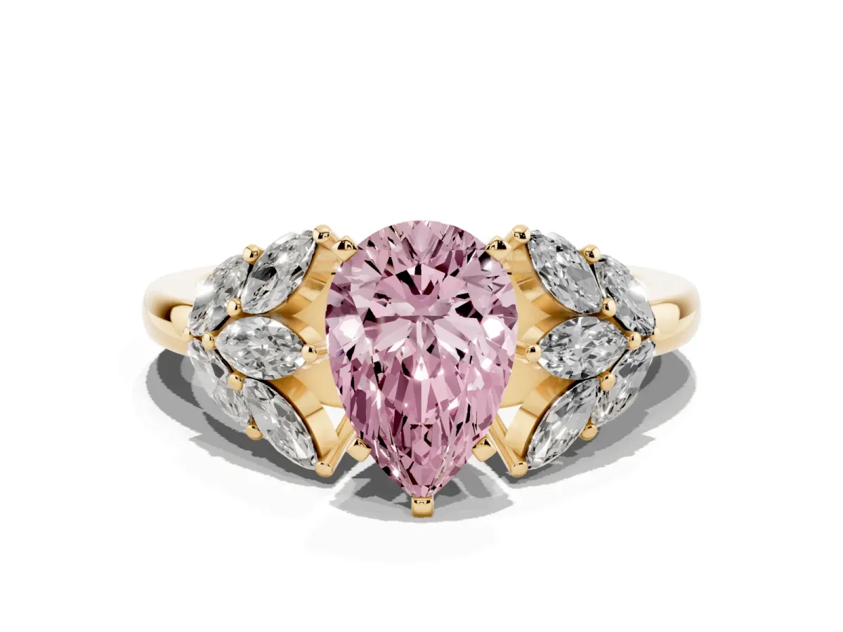 Fancy Pink Pear Cut Diamond Cluster Leaf Design Ring with Prong Setting Yellow gold