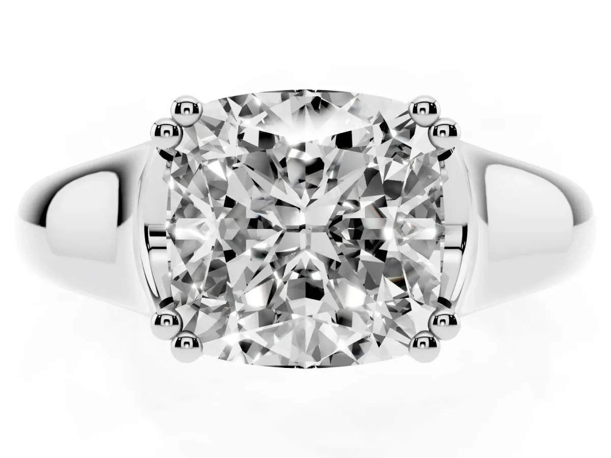 Cushion Cut Diamond Solitaire Ring with Wide Band and Prong Setting White gold