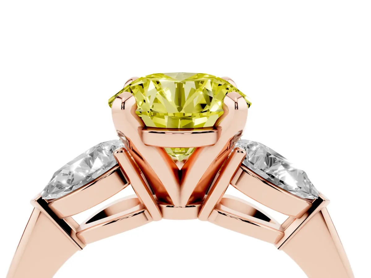 Fancy Yellow Three-Stone Round Cut Diamond Ring with Pear Side Stones and Four-Prong Setting Rose gold