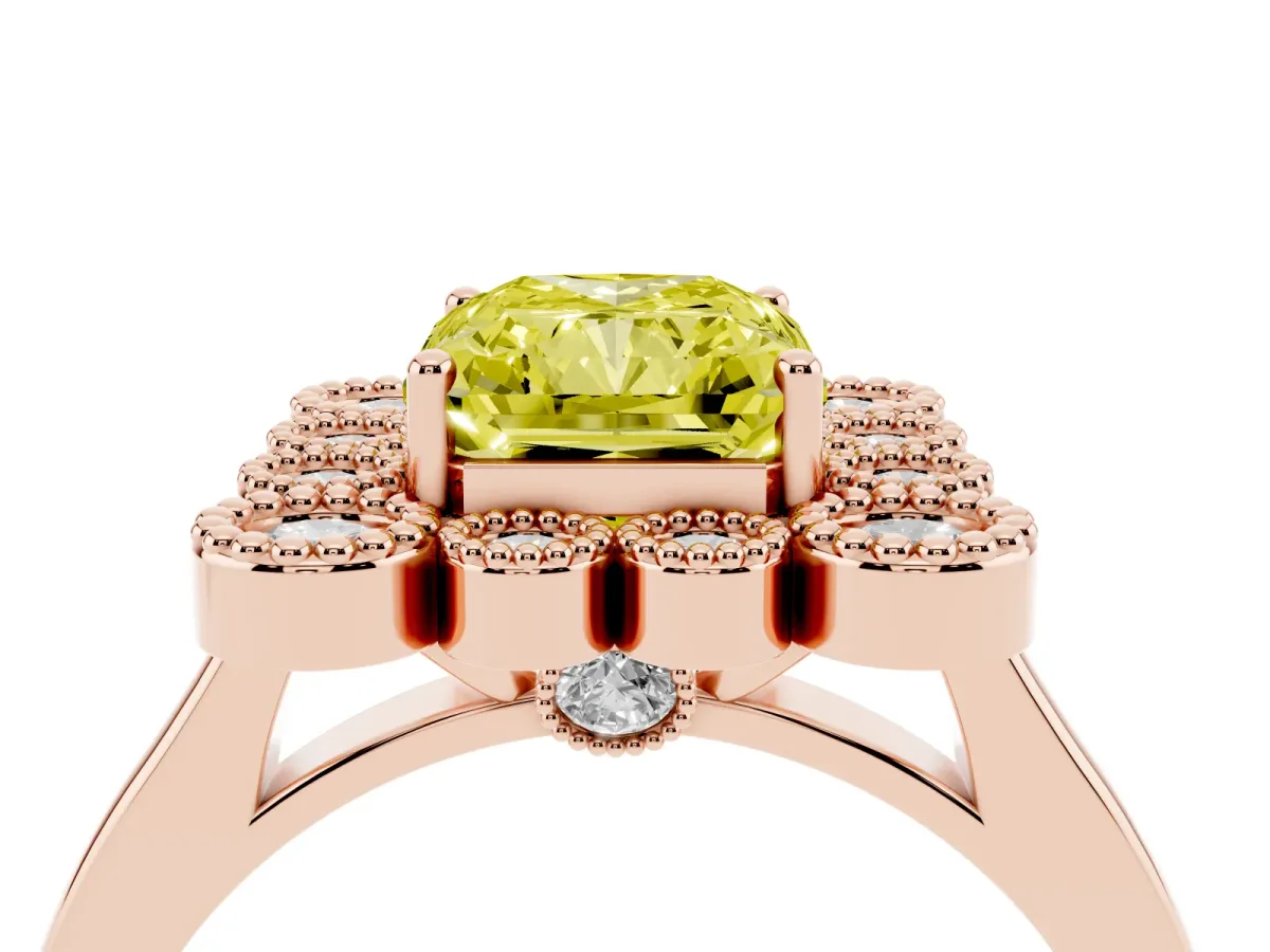 Fancy Yellow Radiant Cut Halo Diamond Cluster Engagement Ring with Milgrain Bezel Setting and Solitaire Band Rose gold