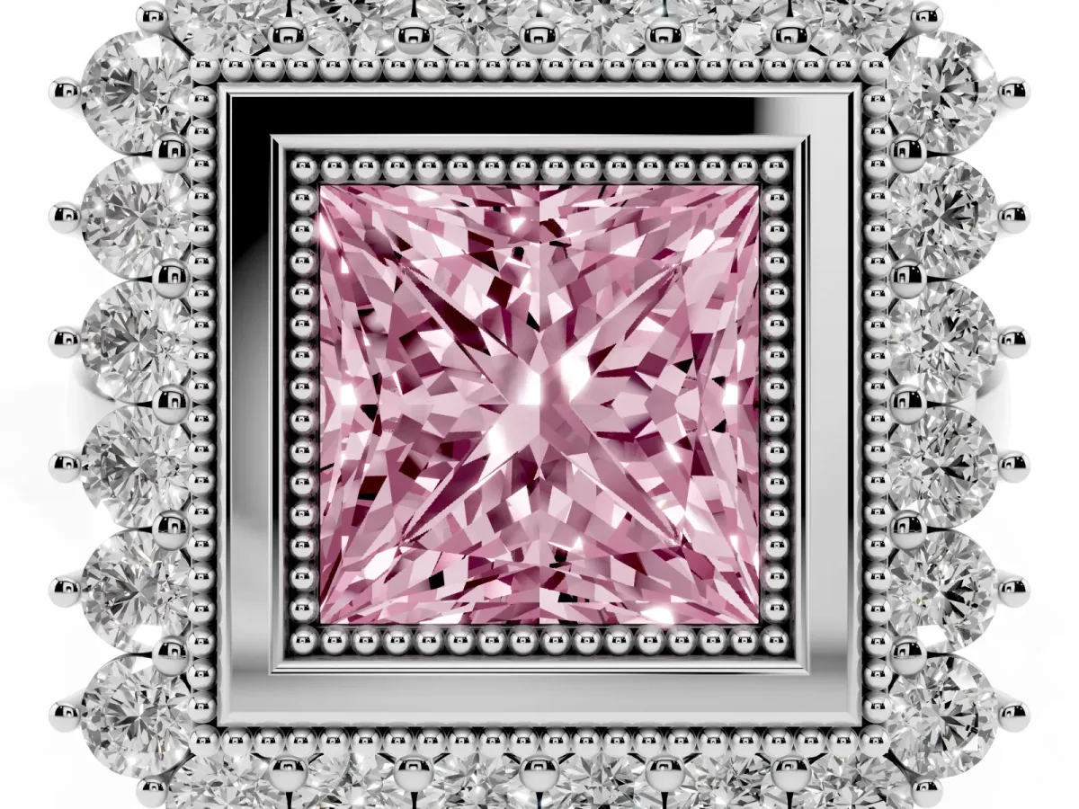 Fancy Pink Princess Cut Halo Diamond Ring with Milgrain Edge and Round Prong Setting Silver