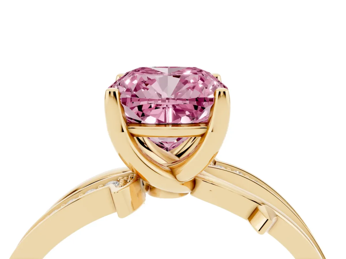 Fancy Pink Cushion Cut Solitaire Twist Band with Pavé Accents and Four-Prong Setting Yellow gold