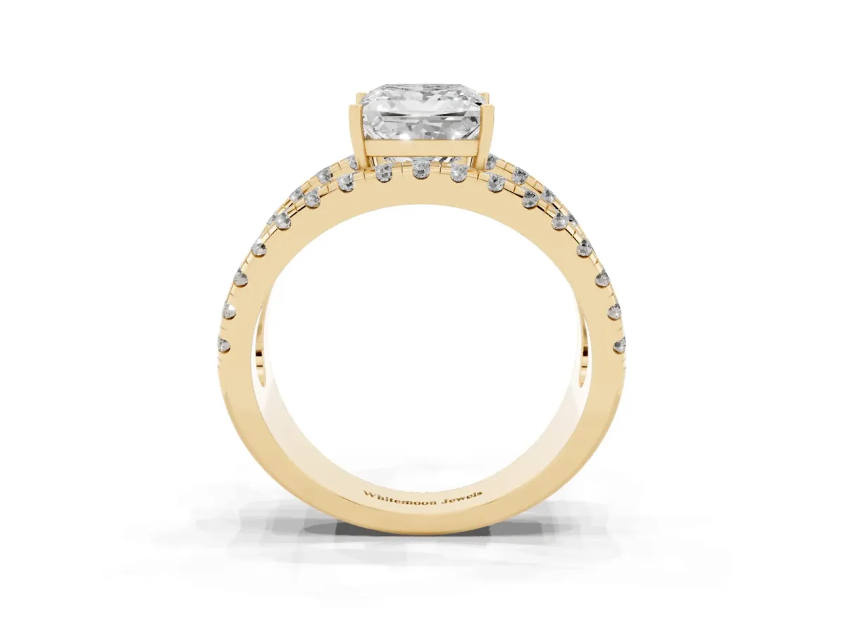 Princess Cut Solitaire Split Shank Pave Diamond Ring Yellow gold
