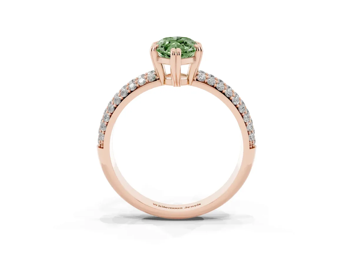 Fancy Green Marquise Cut Diamond Solitaire Ring with Multi-Row Round Pavé Band and Prong Setting Rose gold