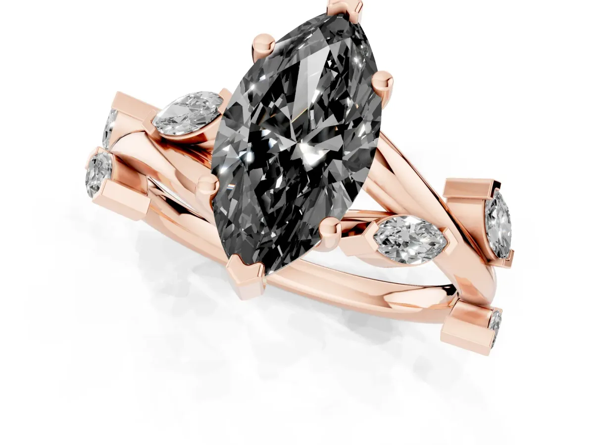 Fancy Black Marquise Cut Solitaire Twisted Band Marquise Accent Prong Setting Ring Rose gold