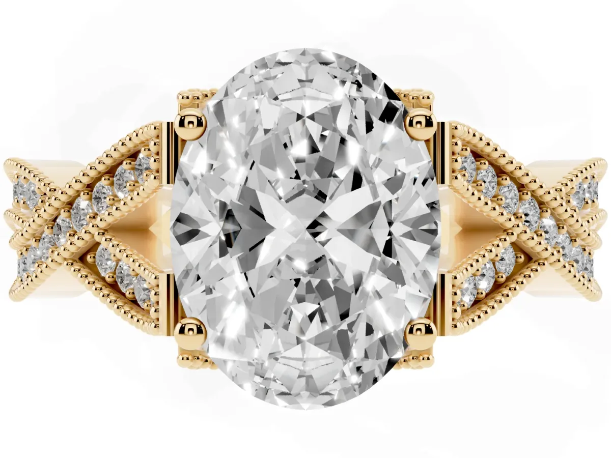 Oval Cut Cut Diamond Twisted Band with Milgrain Pave Setting and Four-Prong Setting Yellow gold