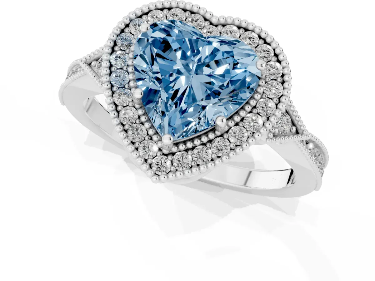 Fancy Blue Heart Cut Halo Round Diamond Milgrain Pave Engagement Ring White gold