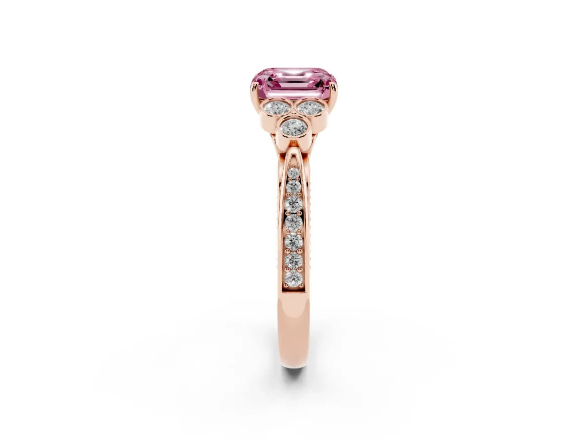 Fancy Pink Asscher Cut Cut Diamond Engagement Ring with Bezel Set Round Side Stones and Prong Setting Rose gold