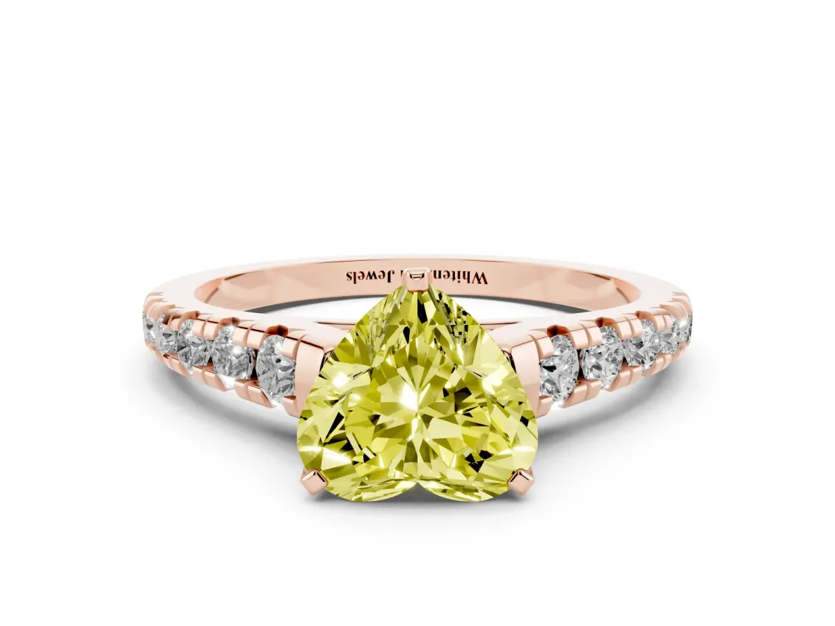 Fancy Yellow Heart Cut Diamond Cathedral Solitaire Ring with Round Pavé Band Rose gold