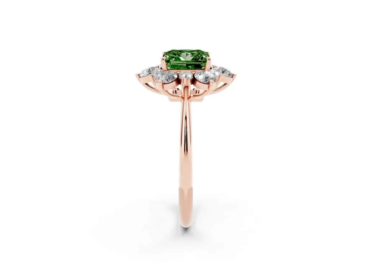 Fancy Green Princess Cut Diamond Cluster Halo Ring with Solitaire Band and Four-Prong Setting Rose gold