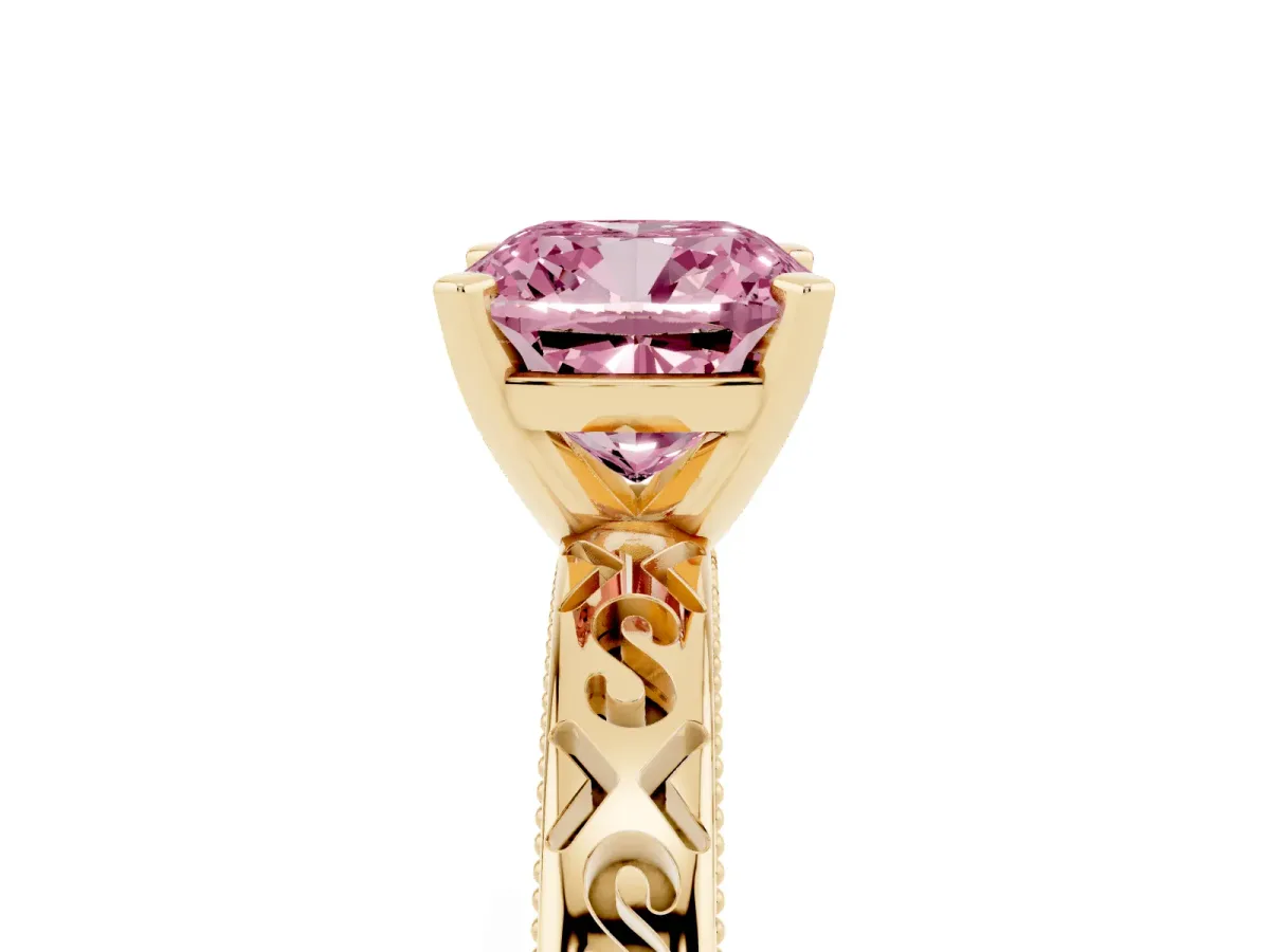 Fancy Pink Cushion Cut Solitaire Engagement Ring with Scrollwork Band and Four-Prong Setting Yellow gold