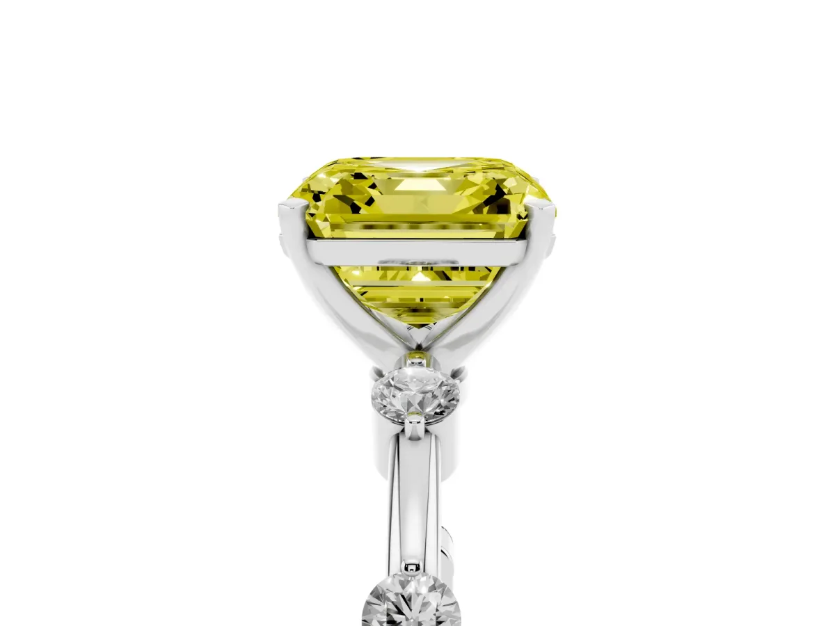 Fancy Yellow Asscher Cut Solitaire Diamond Ring with Bezel Set Side Stones and Prong Setting Silver