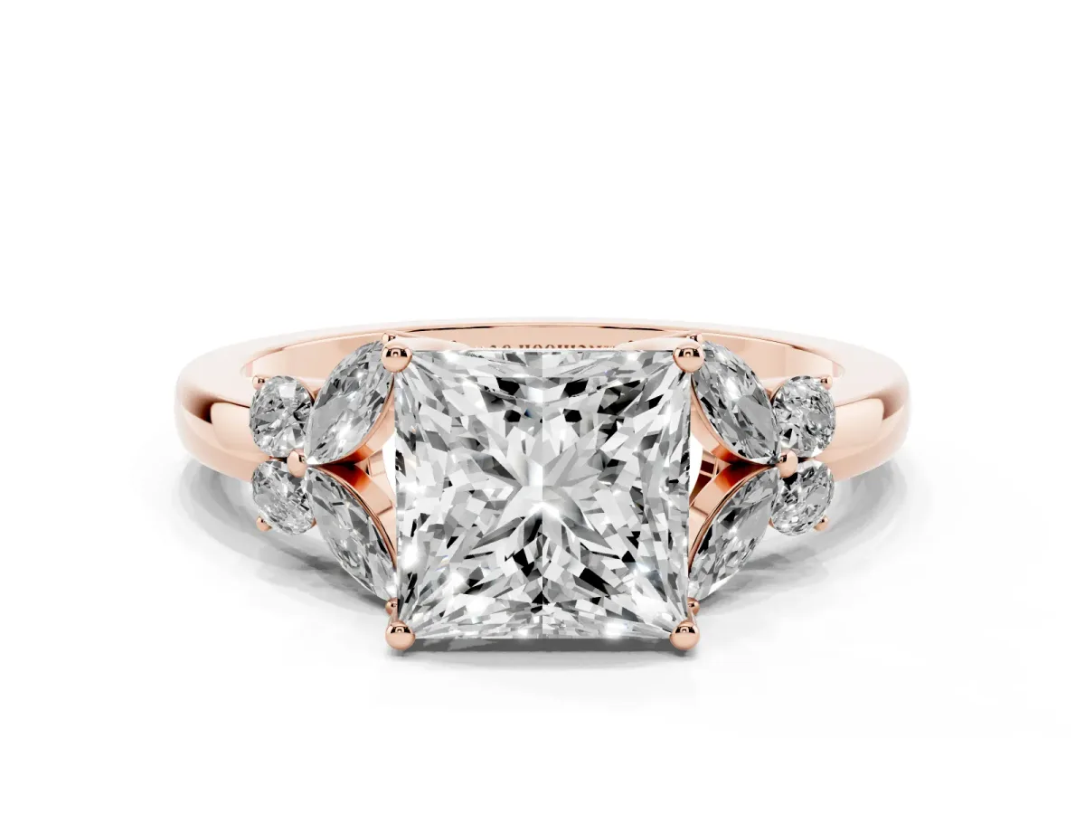 Princess Cut Cut Solitaire Floral Diamond Ring with Four-Prong Setting Rose gold