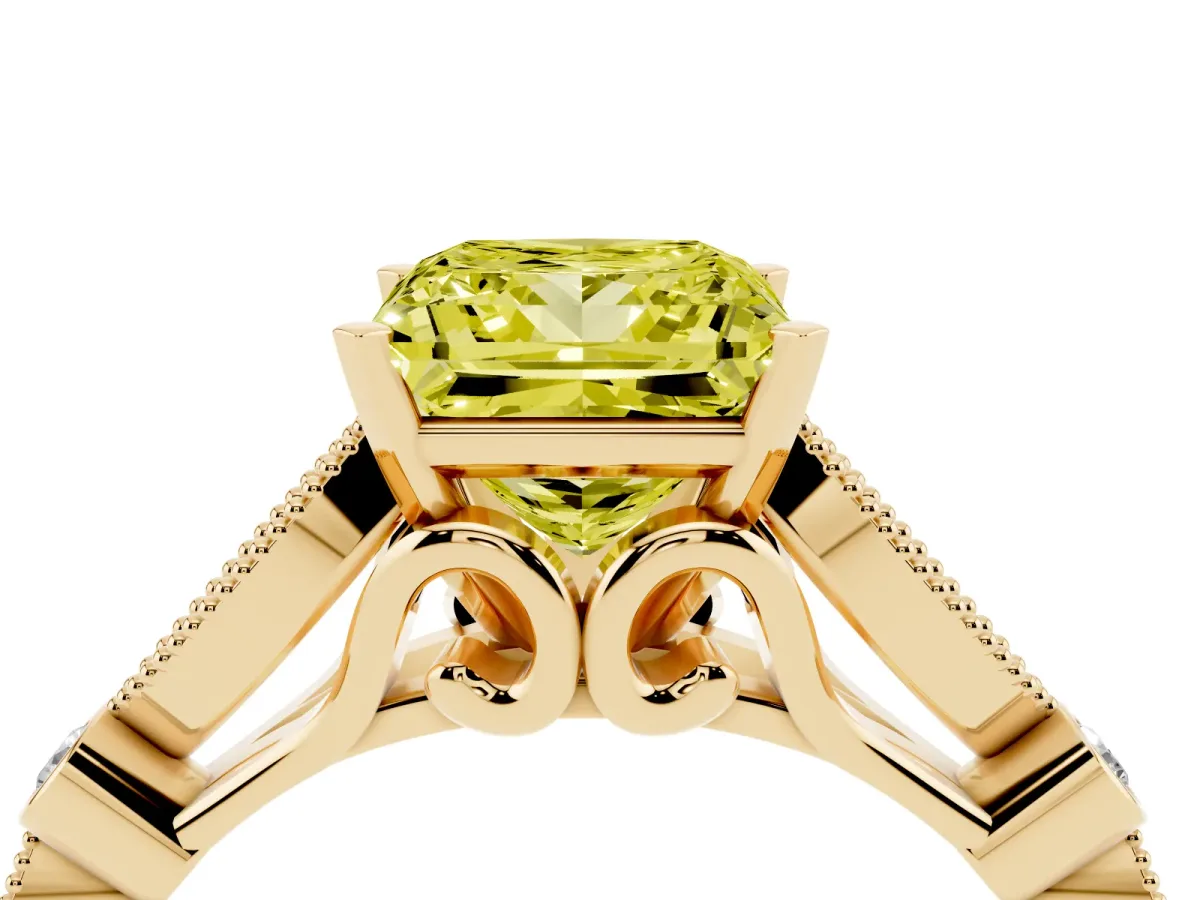 Fancy Yellow Princess Cut Cut Diamond with Milgrain Marquise and Bezel Accents on a Solitaire Band with Prong Setting Yellow gold