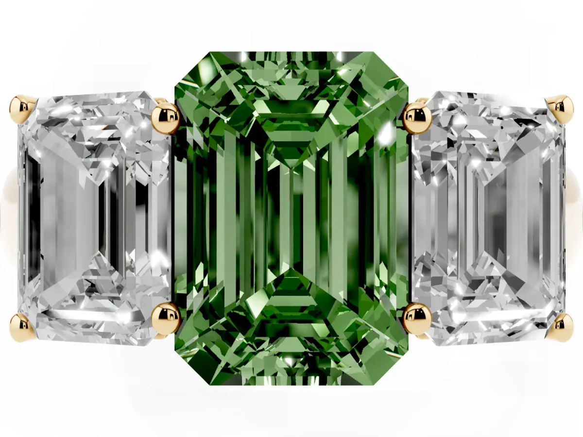 Fancy Green Emerald Cut Three-Stone Diamond Ring with Prong Setting on a Classic Band Yellow gold