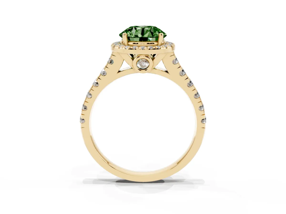 Fancy Green Round Cut Halo Pavé Diamond Engagement Ring with Four-Prong Setting Yellow gold