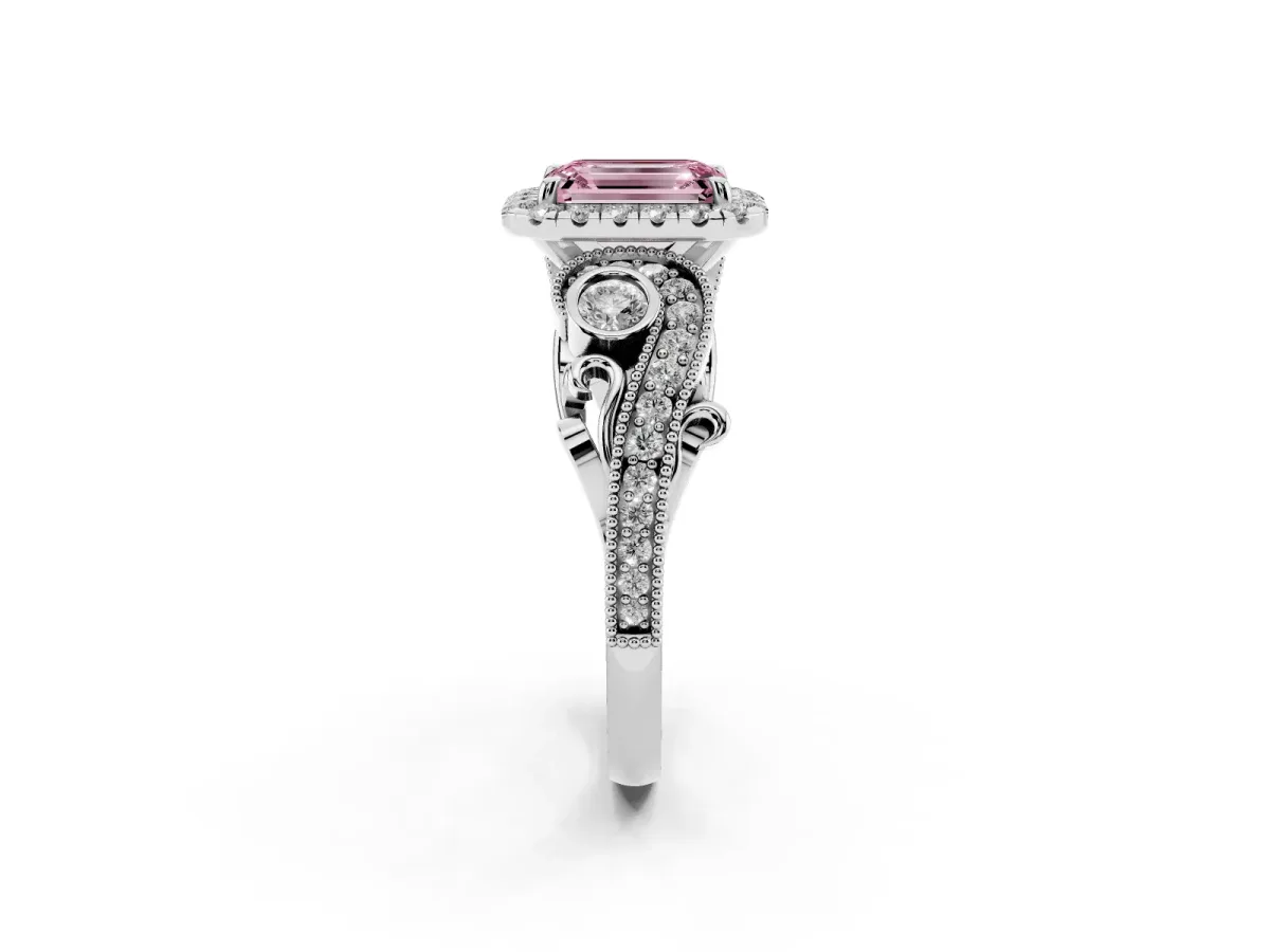 Fancy Pink Emerald Cut Halo Diamond Ring with Milgrain and Bezel Accents on a Split Shank Band White gold