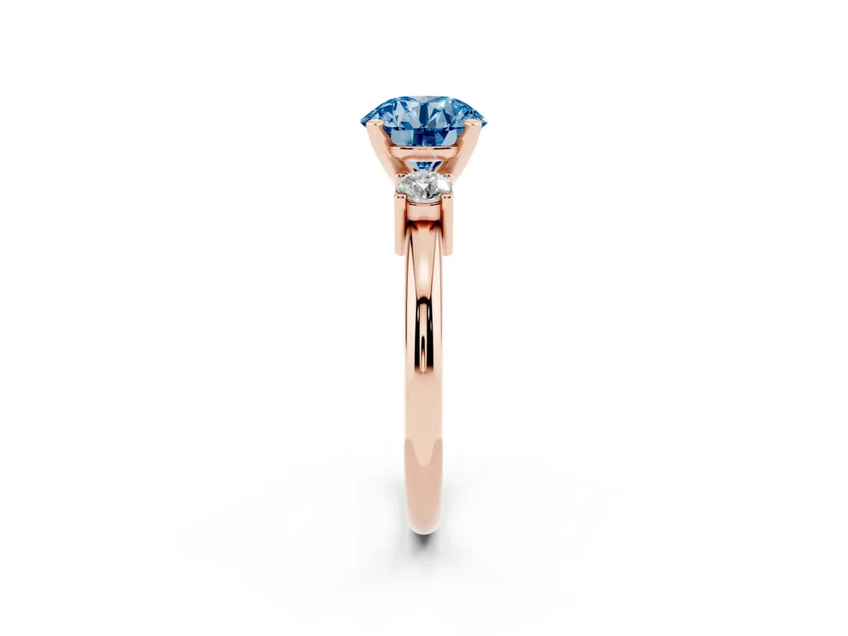 Fancy Blue Three-Stone Round Cut Cut Diamond Solitaire with Prong Setting and Classic Band Rose gold