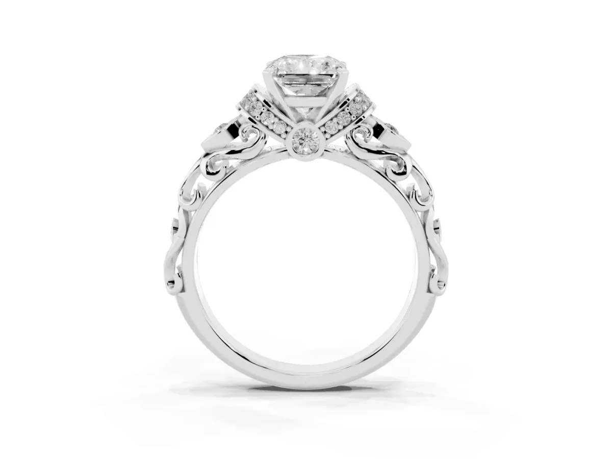 Radiant Cut Diamond Solitaire Ring with Filigree Band and Four-Prong Setting Silver