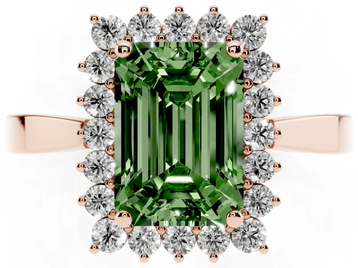 Fancy Green Emerald Cut Cut Diamond Halo Ring with Round Brilliant Halo and Solitaire Band Rose gold
