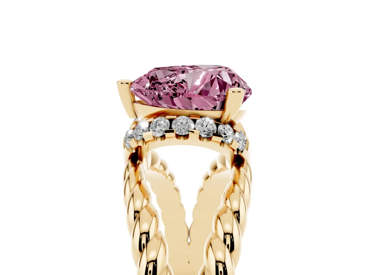 Fancy Pink Heart Cut Halo Twisted Band Four-Prong Ring Yellow gold