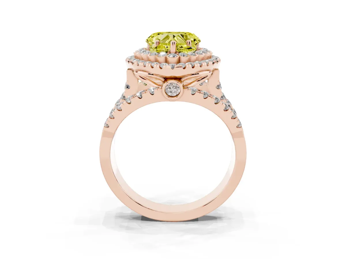 Fancy Yellow Heart Cut Diamond Double Halo Ring with Round Pavé Split Shank and Prong Setting Rose gold